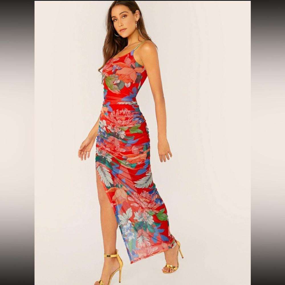 SHEIN Floral Print Slit Hem Draped Slip Dress